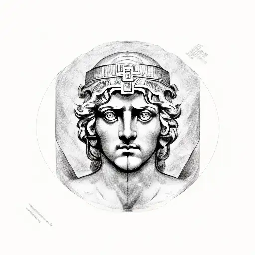 A sketch-style design combining elements of Greek mythology and historical references, incorporating Atlas and Alexander the Great in a unique composition tattoo design idea