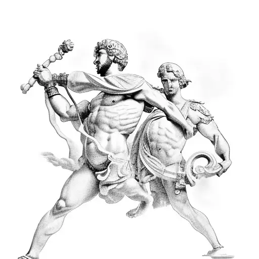 A black-grey tattoo showcasing Atlas and Alexander the Great in a dynamic pose, with intricate shading to bring out the details tattoo design idea