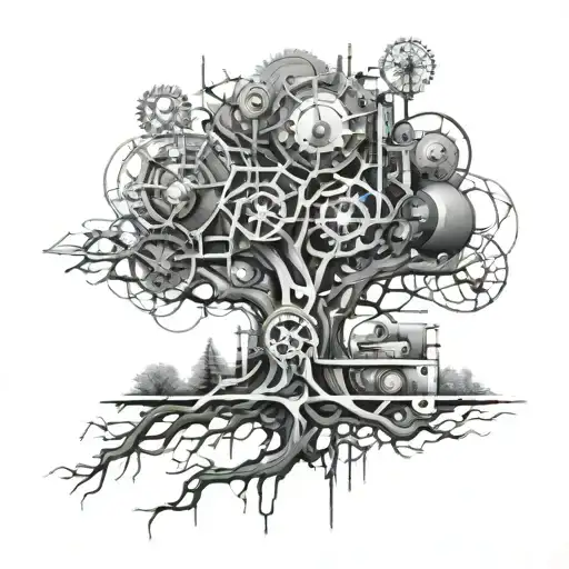 A futuristic mechanical tree design inspired by engineering principles tattoo design idea