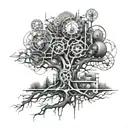 A futuristic mechanical tree design inspired by engineering principles tattoo design idea