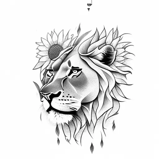 lioness with sunflower tattoo design idea