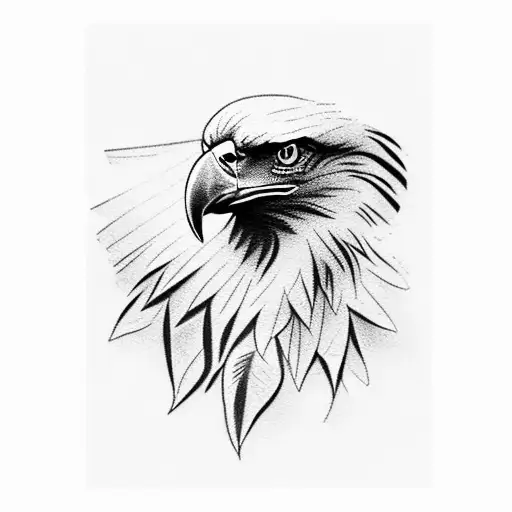 A silhouette of a majestic bald eagle perched on a branch, with sheet music of a patriotic anthem incorporated into its feathers. tattoo design idea