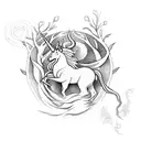 A mystical forest scene featuring creatures from folklore, such as a unicorn, a phoenix, and a dragon, surrounded by delicate Catholic symbols like rosary beads and stained glass windows. tattoo design idea
