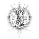 A mystical forest scene featuring creatures from folklore, such as a unicorn, a phoenix, and a dragon, surrounded by delicate Catholic symbols like rosary beads and stained glass windows. tattoo design idea