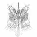 A mystical forest scene featuring creatures from folklore, such as a unicorn, a phoenix, and a dragon, surrounded by delicate Catholic symbols like rosary beads and stained glass windows. tattoo design idea