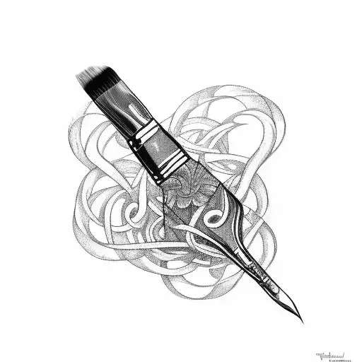 A black-grey tattoo of a paintbrush and film reel intertwined tattoo design idea