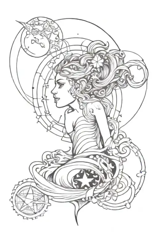 /image Tattoo whipshading, micro realism goddess Venus, Scorpio Stars, dots, lines, interweaving, Mars, Pluto, Moon tattoo design idea