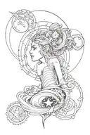/image Tattoo whipshading, micro realism goddess Venus, Scorpio Stars, dots, lines, interweaving, Mars, Pluto, Moon tattoo design idea