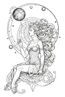 /image Tattoo whipshading, micro realism goddess Venus, Scorpio Stars, dots, lines, interweaving, Mars, Pluto, Moon tattoo design idea
