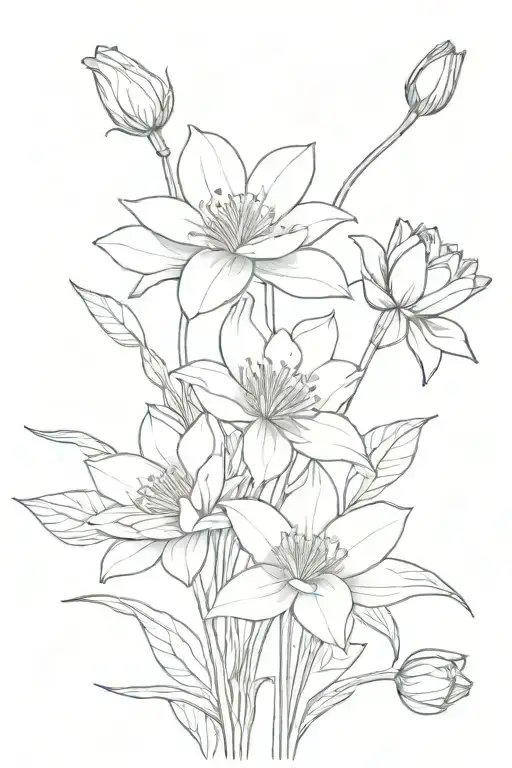  bouquet of flowers 2 water lily, 1 hawthorn, 1 daffodil, 1 carnation, 1 narcissus, 1 morning glory with stems tattoo design idea