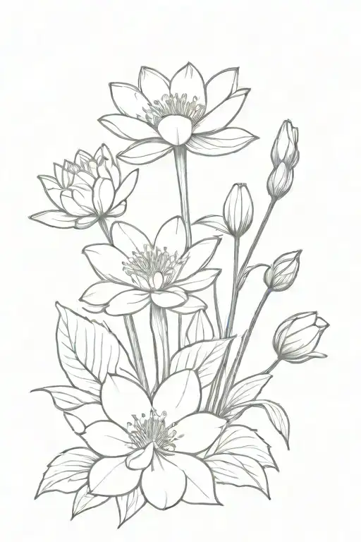 bouquet of flower   2 water lily, 1 hawthorn, 1 daffodil, 1 carnation, 1 narcissus, 1 morning glory tattoo design idea