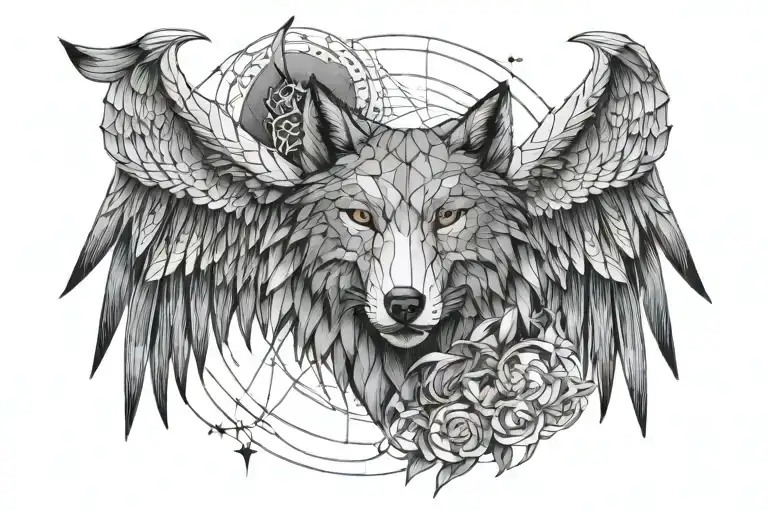 angel wings, Veni, vidi, vici write, diamond shaped line outlining, moon phases, wolf  tattoo design idea
