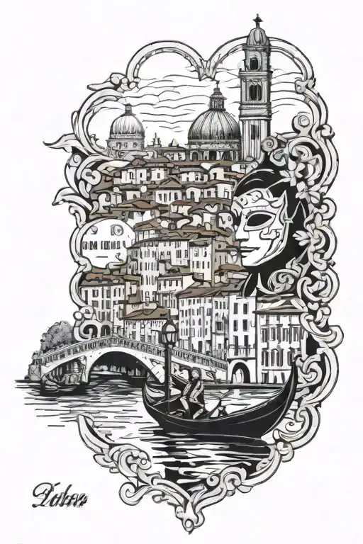 Background Italy map, venetian mask, gondola near to ponte rialto tattoo design idea