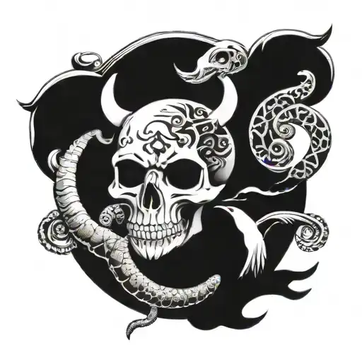 karma symbol with skull, bird, snake and pig tattoo design idea