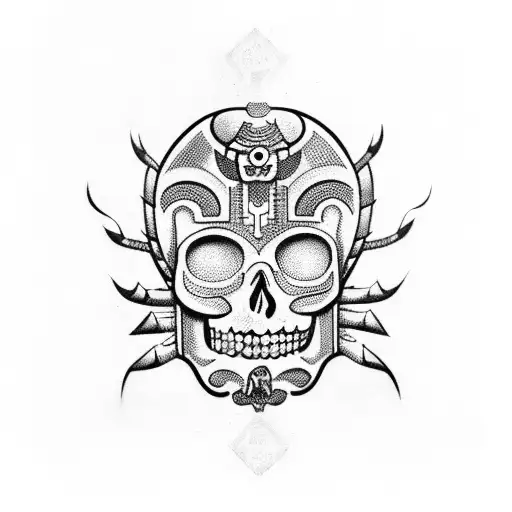 Mayan god holding skulls tattoo design idea