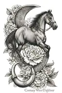 horse shoe with peony flowers with cursive words " one day we will gollap together again " down spine   tattoo design idea