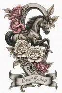 horse shoe with peony flowers with cursive words " one day we will gollap together again " down spine   tattoo design idea