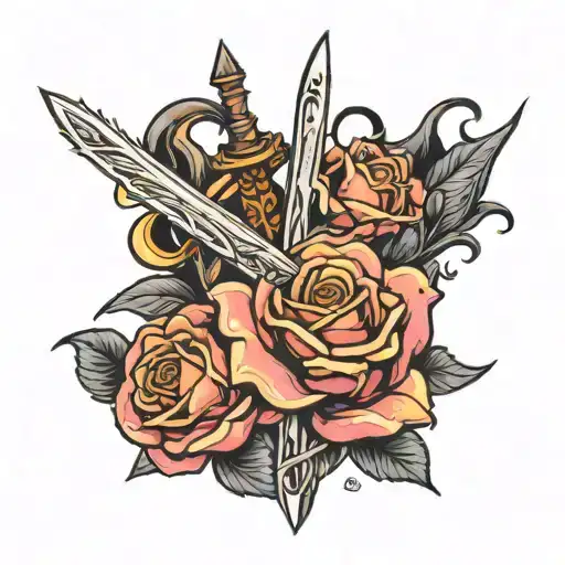 one long sword pearcing straight through rose with fire behind it  tattoo design idea