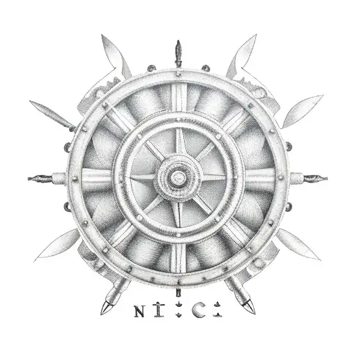 Ship Wheel with knives as handles and a bit of blood on it tattoo design idea
