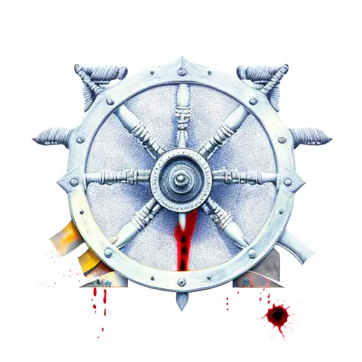 Ship Wheel with knives and a bit of blood on it tattoo design idea