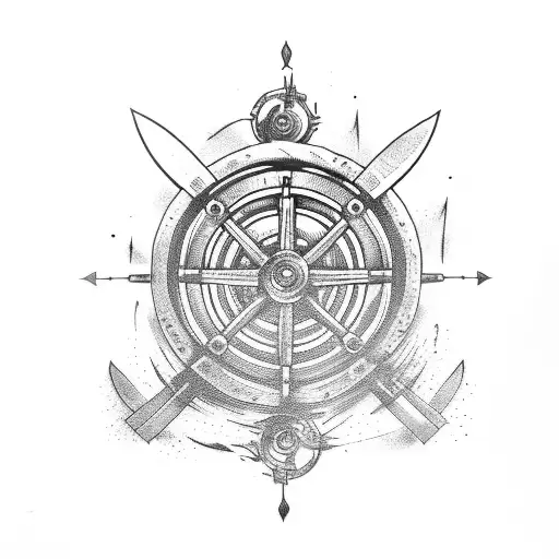 Ship Wheel with knives as handles and a bit of blood on it tattoo design idea