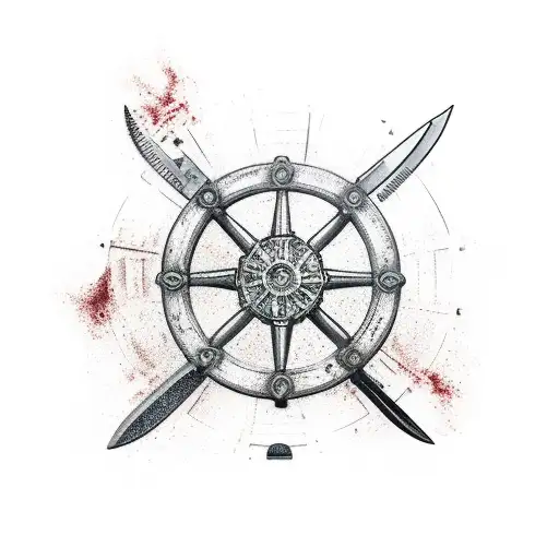 Ship Wheel with knives and a bit of blood on it tattoo design idea