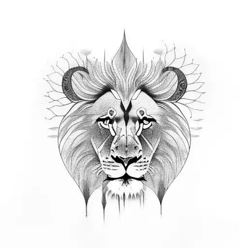 un lion dans la savane sous un coucher de soleil avec des oiseau dans le ciel tattoo design idea