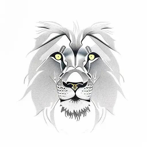 un lion dans la savane sous un coucher de soleil avec des oiseau dans le ciel tattoo design idea