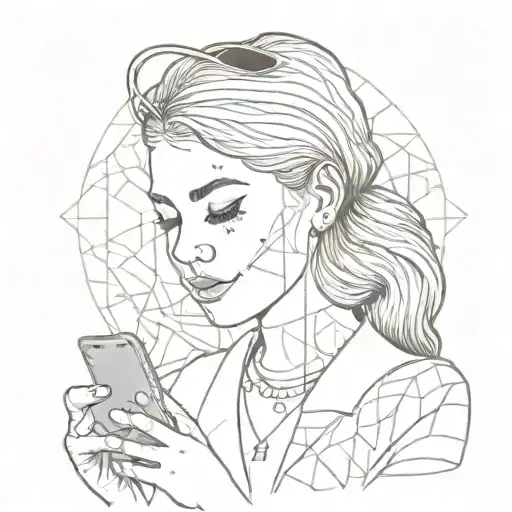 A portrait of a girl with a phone capturing a beautiful sunset on her screen, surrounded by intricate geometric patterns tattoo design idea