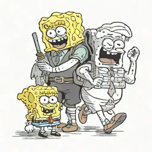 “Create a realistic tattoo design featuring SpongeBob SquarePants as Frodo Baggins and Patrick Star as Samwise Gamgee fr tattoo design idea