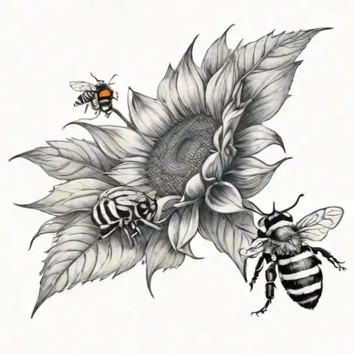 Realistic black and gray sunflower head tattoo with washed out color, leaves, one small bumble bee, and one ladybug pain tattoo design idea