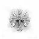 cross with a gate opening inside with birds flying out and hands reaching out towards each other in the background  tattoo design idea