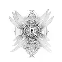 cross with a gate opening inside with birds flying out and hands reaching out towards each other in the background  tattoo design idea