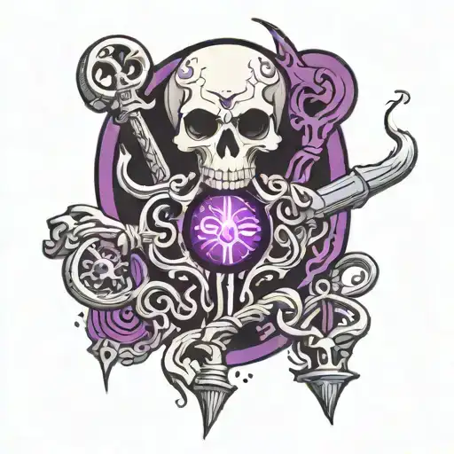 Skeleton Key with twin tourches and the Stropholos of Hecate and a pair of floating purple eyes. NO SKULL  tattoo design idea