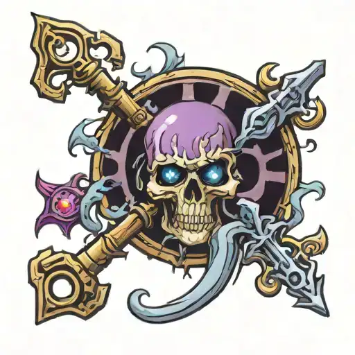 Skeleton Key with twin tourches and Hecates Wheel and a pair of floating purple eyes tattoo design idea