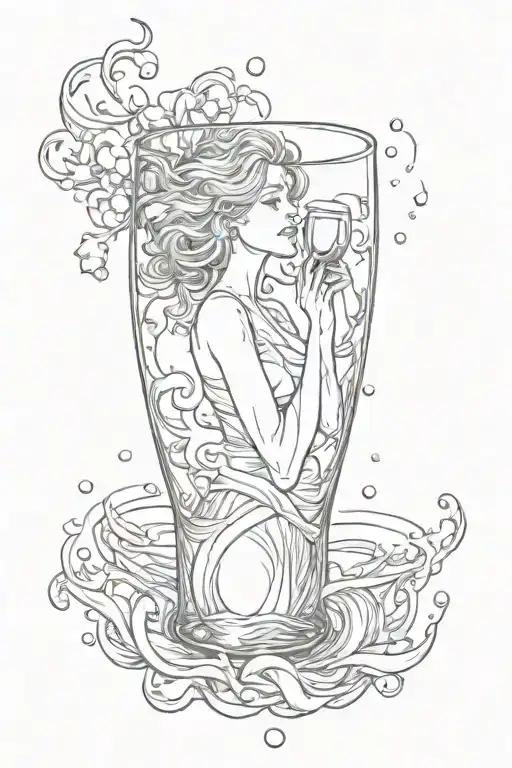girl drowning inside of a wine glass filled tattoo design idea