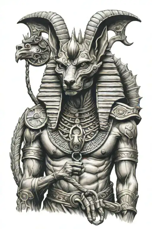 angry anubis holding scales of life tattoo design idea