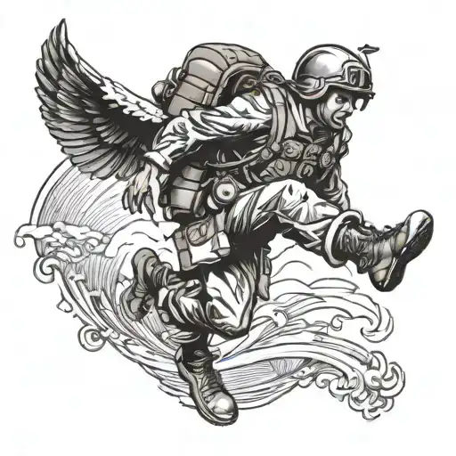 image of a military paratrooper from World War II  jumping mixed with the image of São Miguel Archangel tattoo design idea