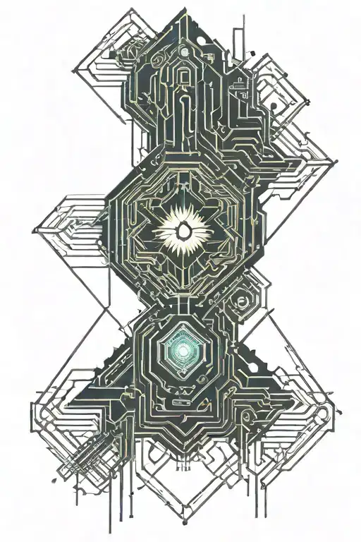web. lines coming out of the center to the top and to the bottom. in the center is a chip. symmetrical. rectangle tattoo design idea