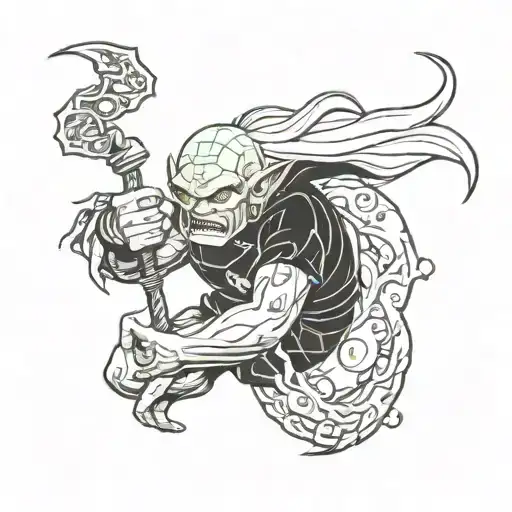 Sleeve of various symbols and characters, including: Piccolo from DBZ, the JRR tolkien symbol, Beast from X-men, Bugs Bu tattoo design idea