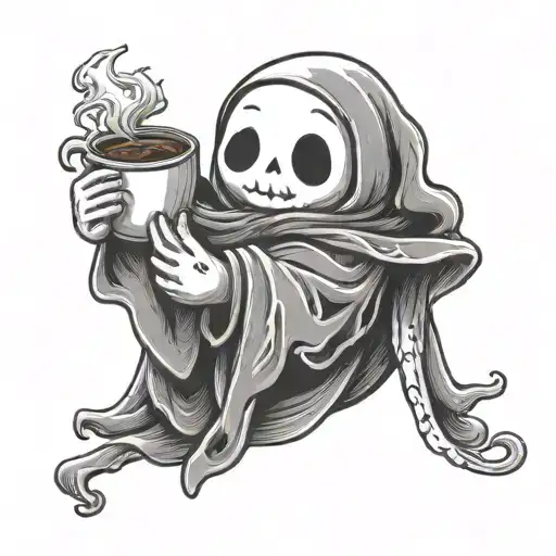 tiny ghost holding book and coffee cup tattoo design idea