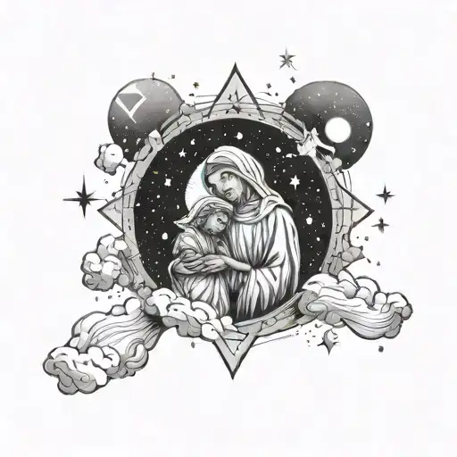 A celestial-themed tattoo depicting Mary and Jesus as constellations in the night sky, surrounded by stars and galaxies tattoo design idea
