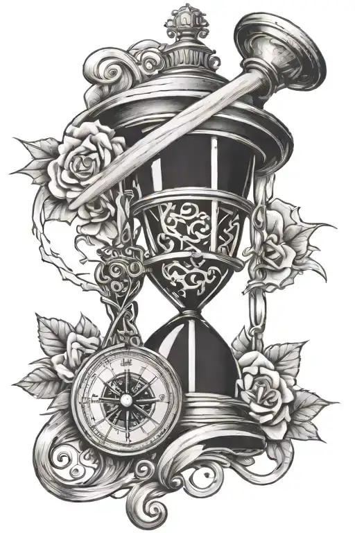 hourglass compass rifle intertwined tattoo design idea