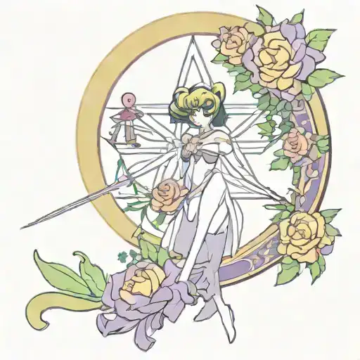 Saturn's star sign from sailor moon, the scythe from sailor Saturn, and flowers around it  tattoo design idea