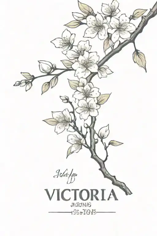 word victoria with cherry blossom tree and date 29/10/20 tattoo design idea