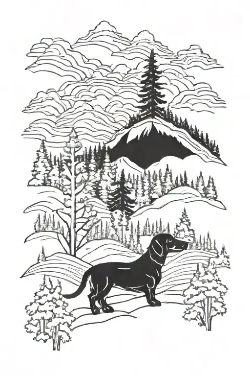 dachshund in woods and mountains tattoo design idea