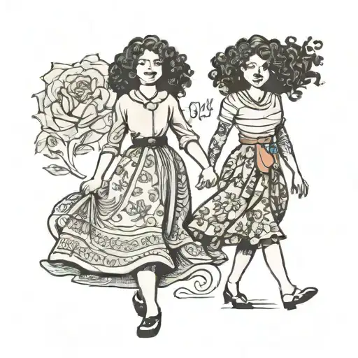 mother and daughter walking together holding hands. They are both wearing skirts and both have curly hair.  tattoo design idea