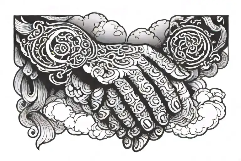 open prayer hands surrounded by clouds  tattoo design idea
