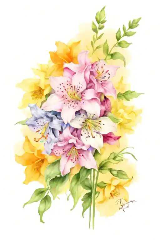 floral tattoo featuring larkspur, chrysanthemum, daffodil, aster, poppy, and carnation flowers tattoo design idea