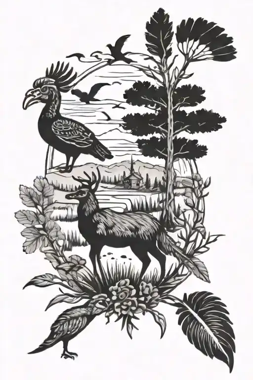 hunting scene with deer ducks and turkey feather tattoo design idea